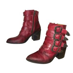 Circle G Women’s 7 Red Leather Ankle Boots Western Buckle Booties Made In Mexico